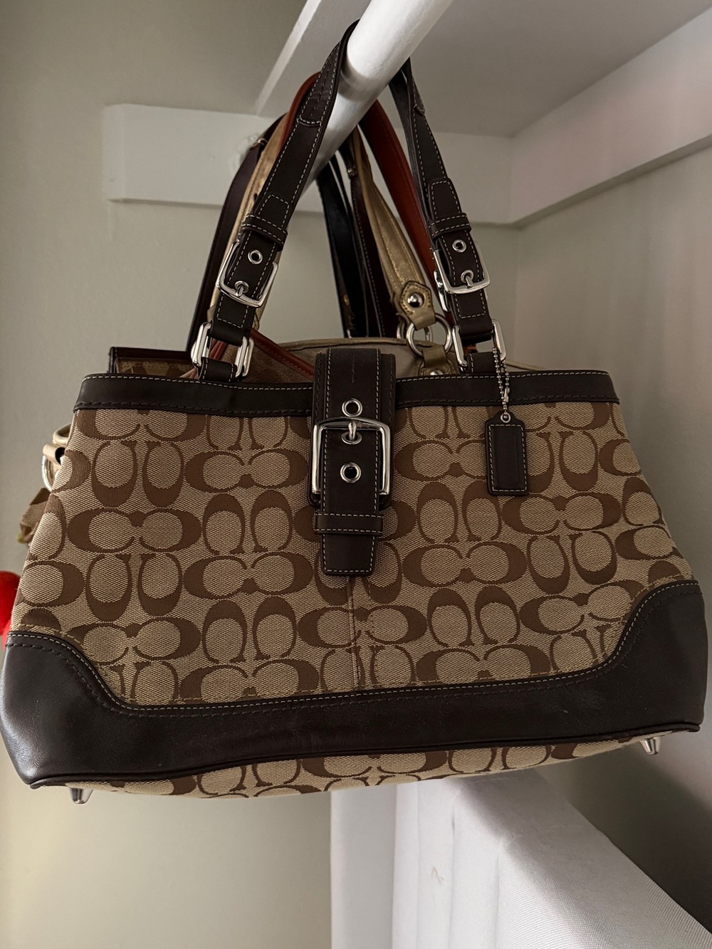 Coach Tan Signature Canvas Shoulder Bag with Dark Brown Trim